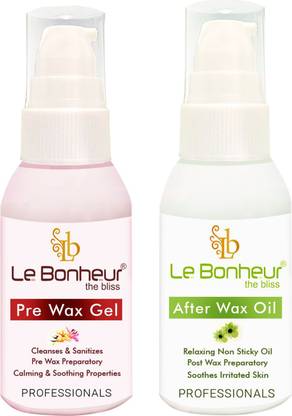 Le Bonheur Pre Wax Gel and Post Wax Oil - COMBO | Suitable for All Type of Skin | Post Wax Oil To Remove The Wax Residue | Pre Wax Gel to Clean Skin and Removes Make-up Before Hair Removal | (Pack of 2) 45ml + 30ml Wax