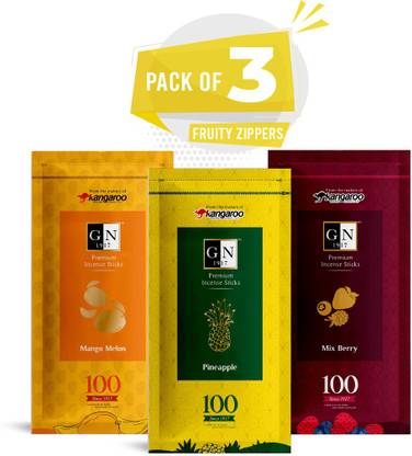GN 1917 Fruity Fragrance Incense Sticks Zipper combo pack - 3 Zipper pack Pineapple, Mango Melon, Mix Berry