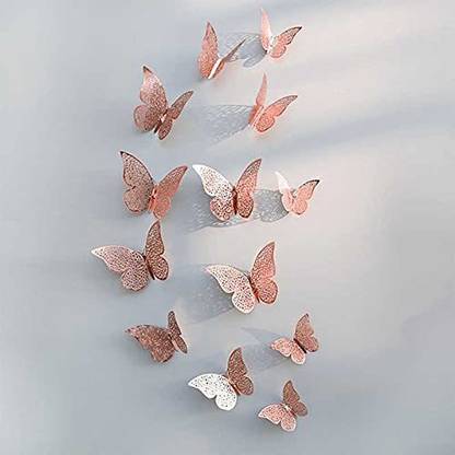 PINDIA 12 Pcs 3D Metal Butterfly Wall Stickers for Home Party Wedding Décor - Rose Gold Pack of 12