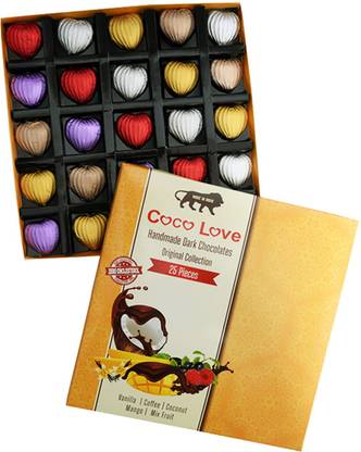 Ayur Bars Coco Love Romantic Chocolate Gift Pack | 5 flavours: Vanilla, Coffee, Mix Fruit, Mango and Green apple | Heart Shaped Dark Chocolates |Romantic Card Included (25 pieces, 125g) Combo