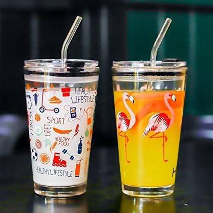 JJ Shopobox (Pack of 2) Cartoon Random Printed Glass Tumbler Drinking Juice & Coffee Mug Glass Set Water/Juice Glass