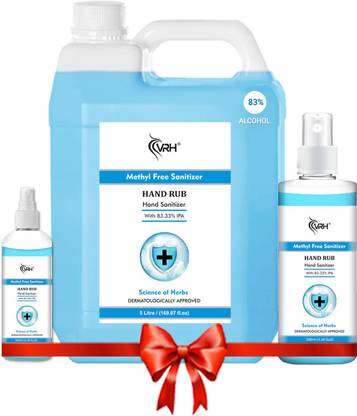 vrh Hand Rub Sanitizer (5Litre + 500mL + 100mL) contains 83% Alcohol Non Stick Disinfectant Liquid Sanitizer Kills 99.9% Germs with Rose Fragrance Sanitizer Hand Sanitizer Can