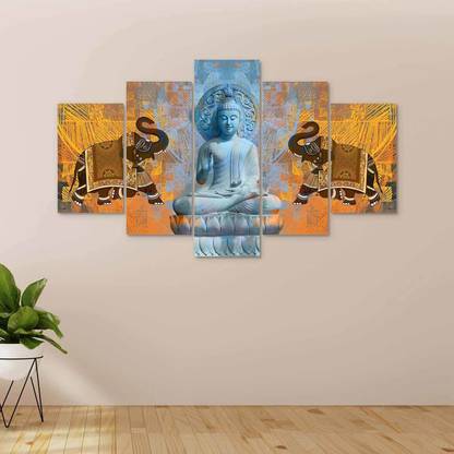 Art Amori Lord Buddha With Elephants By His Side Digital Reprint 17 inch x 30 inch Painting