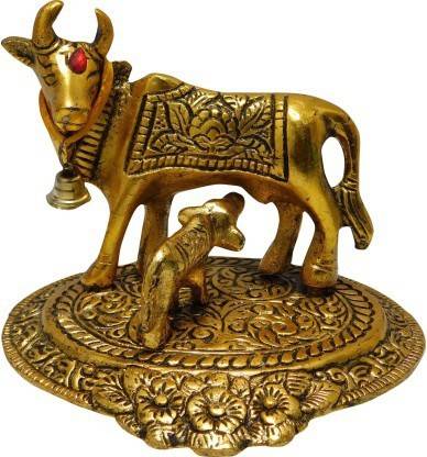 LOTUS RISE Kamdhenu God Kamdhenu Idol Kamdhenu Cow and Calf GodKamdhenu Cow and Calf Metal Statue Lord Krishna's Kamdhenu Cow with Calf and Krishna Metal Kamdhenu God Kamdhenu Cow with Calf Metal Decorative Showpiece Decorative Showpiece - 9 cm