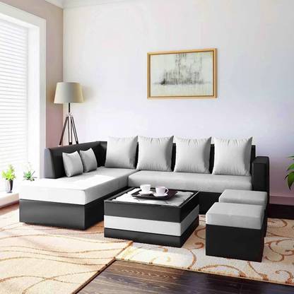 Woodcasa Mervon 8 Seater L Shape Sofa Set with 2 Ottomans & 1 Centre Table Fabric 8 Seater  Sofa