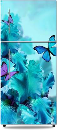 KUKU WALL STICKER 154.94 cm HD-teal-orchids-beautiful-blue-butterflies-butterfly-floral-flower-flowers-pretty (1) Fridge Door Sticker Self Adhesive Sticker