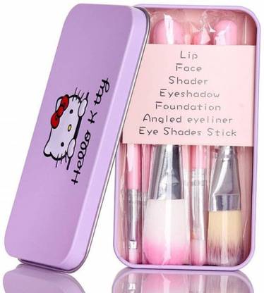 Teenschoice Hello Kitty Mini Pink Makeup Brush Beautifully Designed wooden handle Brush Set Includes Lip Brush, Face Brush, Shader Brush, Eyes Shadow Brush, Foundation Brush, Angled Eyeliner Brush and Eye Shades Stick - Set of 7