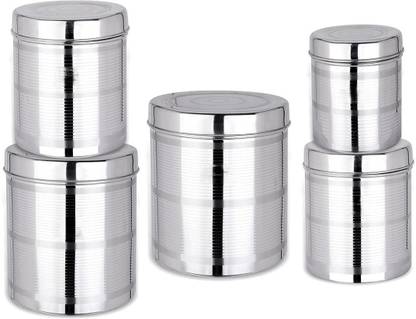 Strobine Stainless Steel 5 Pieces Jar Container Set Of 5 Pack Steel Dabba Set With Best Quality Steel Jar Ser / Dibba Combo Storage Tea , Sugar Grocery Store Container Set, Steel Box Kitchen Storage Canister(Dabba),All Use Different Size Dibba Set / Condiments Set With Lid, Kitchen Storage Container, Stainless Steel Container, Dabba Set Combo, Airtight Dabba Container Jar Set, Unique Dabba Set For Kitchen Storage  - 500 ml, 750 ml, 1000 ml, 1500 ml, 2000 ml
