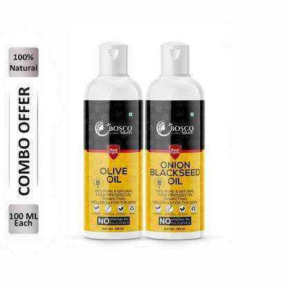 Bosco Touch 100% Pure Olive Oil 100ML & Onion Blackseed Oil 100ML Combo For Rapid Hair Growth, Anti Hair Fall, Split Ends & Promotes Softer & Shinier Hair (Pack Of 2) Hair Oil