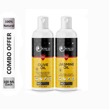 Bosco Touch 100% Pure Olive Oil 100ML & Jasmine Oil 100ML Combo For Rapid Hair Growth, Anti Hair Fall, Split Ends & Promotes Softer & Shinier Hair (Pack Of 2) Hair Oil