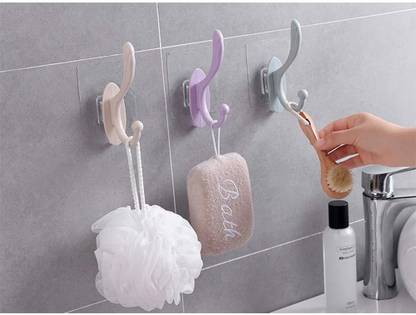 Mahek Bathroom, Plastic Self Adhesive Wall Hooks Adhesive Towel Hooks, for Coat, Robe, Jeans Hanger Stick Kitchen Door Hooks (Pack of 2 Color : Blue) Hook 2