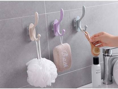 Mahek Adhesive Towel Hooks, Plastic Self Adhesive Wall Hooks for Bathroom Coat, Robe, Jeans Hanger Stick Kitchen Door Hooks (Pack of 4 Color : Blue) Hook 4
