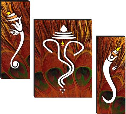 Masstone Lord Ganpati Abstract art 3 Piece MDF Painting Digital Reprint 12 inch x 4.5 inch Painting