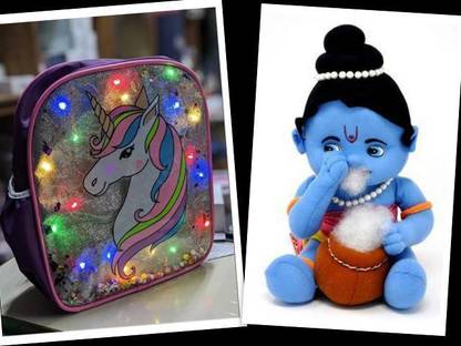 Rockjon Random Color Unicorn Light Bag + Soft Toy Krishna (Multicolor, Pack of 2)  - 26 cm