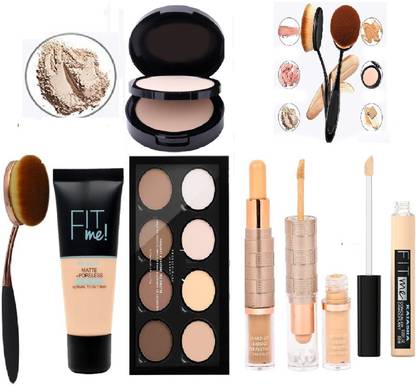 KAIASHA COMBO OF BEST PROFESSIONAL'S OVAL FOUNDATION BRUSH. OVAL MAKEUP FACE POWDER BLUSHER Matte+Poreless Oil Free Based Liquid Foundation (Golden Beige ) Contour 8 Shades Concealer Palette Highlighter Concealer (Multi-color 2in1 Liquid Concealer with Contour Stick Concealer