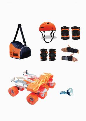 JJ Jonex Super Tenacity Adjustable Skates Combo (Orange Helmet+Knee pad+Elbow pad +Skates Gloves + Key+Bag) Suitable (MYC) Skating Kit