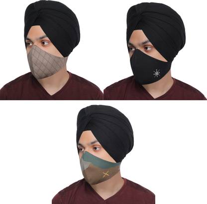 MASQ 3 Layer Embroidered, Designer, Fashionable & Protective, Size Adjustable Cotton Cloth Face Mask combo for Sikhs Scarf_Combo_03 Reusable, Washable Cloth Mask
