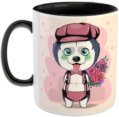 Furnish Fantasy Husky Puppy with Flowers Ceramic Coffee - Best Gift for Kids / Dog Lovers - Color - Black (1161) Ceramic Coffee Mug