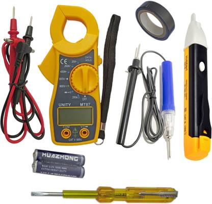 DUMDAAR Mini Pocket-Sized 1pc Digital Clamp Meter Electronic Tong Tester Clamping Meter Digital Multimeter with 1pc Non Voltage Alert 1pc Continuity Tester 1pc Electric Tester and 1pc Electric Tape (Pack of 5pc) Digital Multimeter