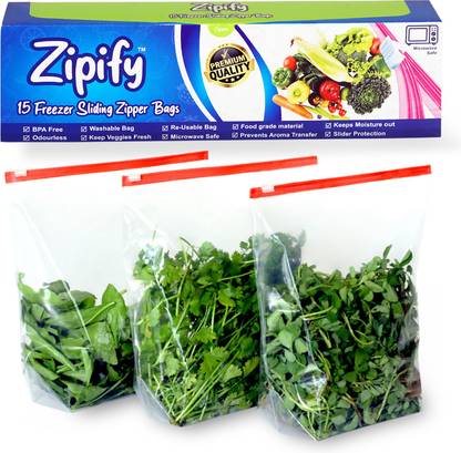 Zipify 15 Pcs Ziplock Pouch Vegetable Bag, Zip Lock Plastic Bags for Fridge Food Cover, Reusable Zip Lock Bag to Store Vegetables in Fridge - Zipper Pouches(Medium 10" X 10") Plastic Storage Pouch