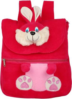 Pandora Rabbit Face Velvet School Half Flap Bag for Nursery Kids, Age 2 to 5 - Pink Waterproof School Bag