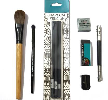 SKYGOLD TAKLON HAIR FOUNDATION BLENDING BRUSH , 1 PC OF SMUDGER BRUSH , 1 SET OF APSARA BLACK CHARCOAL PENCIL SET FOR DRAWING , 1 PC OF SHARPENER , 1 PC OF BLACK ERASER , 1 PC OF KNEADABLE ERASER FOR ARTISTS & 1 PC OF TWIN HOLE PENCIL EXTENDER COMBO SKETCHING KIT FOR PROFESSIONAL ARTISTS SET OF 7 PRODUCTS FOR SKETCHING