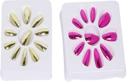 Beautica Artificial Nails Fresh Fake Nails Designer False Nails Extension-Nakli Nakhun-58 (Golden & Pink ) - 2 Box Combo