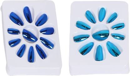 Beautica Artificial Nails Latest Fake Designer False Nails Extension-Nakli Nakhun-45 (Turquoise & Blue ) - 2 Box Combo