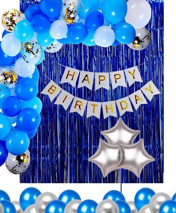 TRISHRA Solid 41 Pcs Happy Birthday Banner and HD Metallic Confetti Balloons with Foil Star and Curtains Decoration Kit Set Decorations Items Combo for Boys Balloon