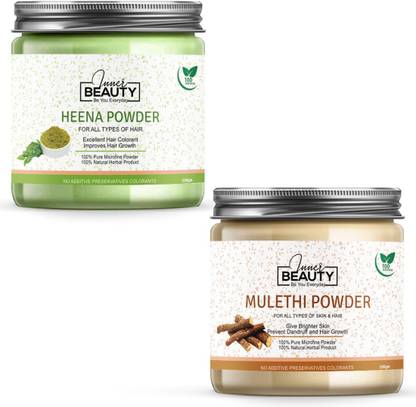 Inner Beauty 100% Natural & Pure Heena Powder For Natural Texture & Colour, Nourishment, Strong, Shiny, Silky,Healthy Scalp, Dandruff & Spilt Ends Free Hair- Hair Pack 100 GM (Pack of 1) & 100% Natural & 100% Natural & Pure Mulethi Powder For Skin Toning, Anti-Ageing, Blackhead Removal, Anti Acne & Pimple Deep Cleansing, Skin Face Pack 100 GM (Pack of 1) 100 GM Each