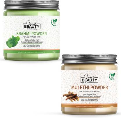 Inner Beauty 100% Natural & Pure Brahmi Powder For Natural Texture & Colour, Spilt-Ends Control, Strong, Shiny, Silky Hair(Hair Pack) 100 GM (Pack of 1) 100 GM Each & 100% Natural & 100% Natural & Pure Mulethi Powder For Skin Toning, Anti-Ageing, Blackhead Removal, Anti Acne & Pimple Deep Cleansing, Skin Face Pack 100 GM (Pack of 1) 100 GM Each