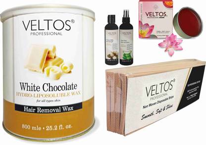 Veltos PROFESSIONAL HAIR REMOVAL COMBO WAXING KIT (WHITE CHOCOLATE HYDRO WAX 800ML, ROSE KATORI WAX 80GM, 100ML COTTON MILK PRE WAX GEL & 100ML ALOE VERA AFTER WAX LOTION, WAXING STRIPS 1 PACK ) Wax