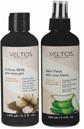 Veltos PROFESSIONAL COTTON MILK PRE-WAX GEL 100ML AND ALOE VERA AFTER WAX LOTION 100ML FOR ALL SKIN TYPE Spray