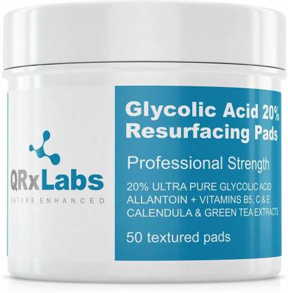 QRxLabs Glycolic Acid 20% Resurfacing Pads with Vitamins B5, C and E, Green Tea, Calendula, Allantoin 50 Textured pads Makeup Remover