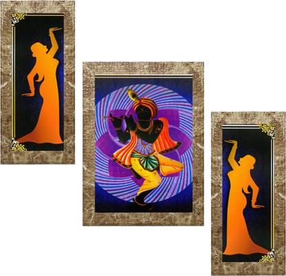 Indianara Set of 3 Abstract Krishna Framed Art Painting (3062MBR) without glass (6 X 13, 10.2 X 13, 6 X 13 INCH) Digital Reprint 13 inch x 10.2 inch Painting