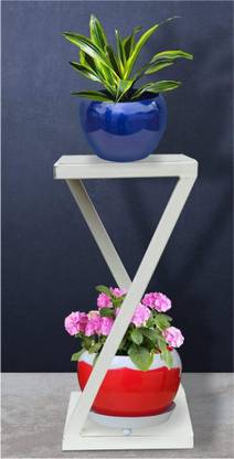 Hs Retail Modern Indoor & Outdoor 2 Tier Steel Planter Stand/Flower Shelf Display for Garden/Balcony/Flower Pot Stand for Corner Display/Double Decker Window Planted Stand (18X18X39 cm) (White) Plant Container Set