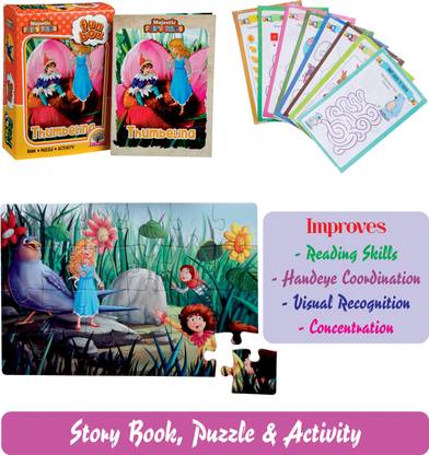THE BOOK TREE FUN BOX WITH PUZZLE GAME , MORAL ENGLISH STORY BOOK AND ACTIVITY SHEET FOR KIDS : 24 PCS JIGSAW PUZZLE , 1 ENGLISH STORY BOOK ( THUMBELINA ) , 8 ACTIVITIES FOR KIDS , 2 YRS ABOVE , BEST GIFT ITEM FOR KIDS