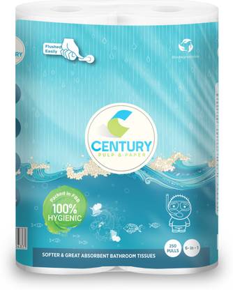 CENTURY Toilet/Bathroom Tissue Roll (11X10cm) Flushed Easily 2 Ply - 250 Pulls Per Roll | Made up of 100% Virgin Pulp, OBA-Free, FDA Certified and 100% Hygienic (6 roll in1, White) Toilet Paper Roll