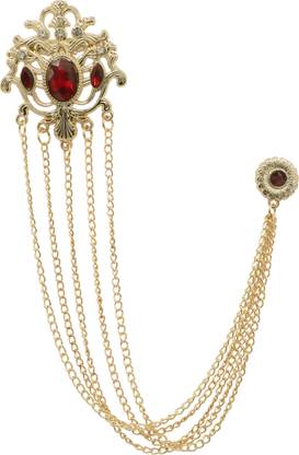 Adorn Golden Long Chain Maroon Rhinestone Suit Coat Brooch For Men Brooch