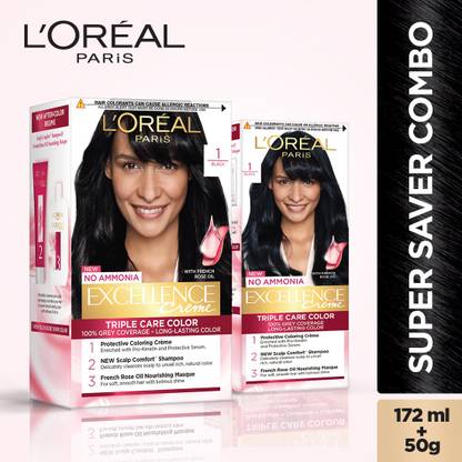 L'Oréal Paris Excellence Creme Hair Color (Combo Pack of 2 - 100g, 72 ml With 25g, 25 ml) , 1 Black