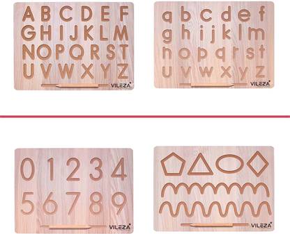 VILEZA 4 IN 2 Combo English Alphabet, Number and Patten Board | Capital Word "ACBD", Small Word "abcd" and Number "0 To 9", Curve Pattens | Teach your Child about Alphabets, Number and Patten Board for 2+ Years Old Kids