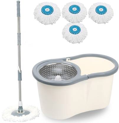 V-MOP Premium White Steel Dry Magic Spin Bucket Mop Set With 4 Refills (( 6 Months Warranty on Rod )) Wet & Dry Mop