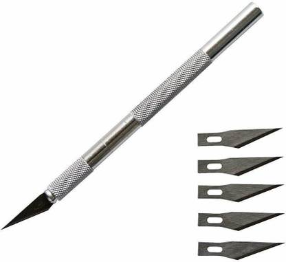 THR3E STROKES Detail Precision Pen Knife with 5 Interchangeable Sharp Blades for Carving & Mat Cutting Paper Cardboard Sheets Thermocol Craft Razor Cutter Blade Art Pencil Metal Grip Hand-held Paper Cutter