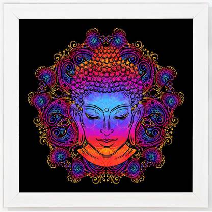 psychedelic Buddha sign - Abstract White Framed Wall Hanging Art Print for Office , Home, Reading Room Décor ( 8x8 ) Inch Paper Print