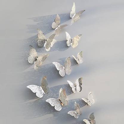 Bash N Splash 6 cm 3D Metallic Finish Home Decor Rainbow Silver Butterfly Wall / Balloon / event Decor with Sticking Pad Shimmer Silver Medium Set of 6 Self Adhesive Sticker