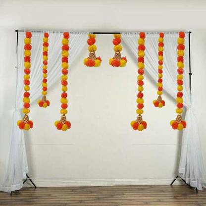 DUSSLE DROF Wall Door Hanging Artificial Marigold Plastic Flowers Garlands Bandhanwar Torans with Golden Bells- Diwali Decoration Item for Home Décor (Pack of 8, Multicolour) Toran