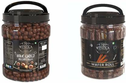 Winola Combo of Chocolate Wafer Roll & Milk Choco Biscuit Balls - Chocolate Munchies, Chocolate Balls for Cake Decoration - Pack of 2 (Wafer Rolls 40 pcs + Biscuit Balls 1 kg) Wafer Rolls