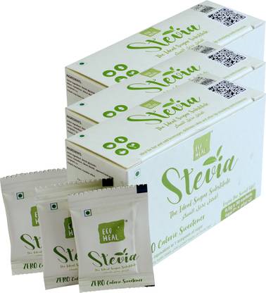 Ecoheal Stevia Sugarless Sweetener Powder Sachet| Natural Sugar Substitute |100% Zero Calorie |Sugarfree Sweetener| Zero Glycemic Index (30 Sachet Each, Pack of 3) Sweetener