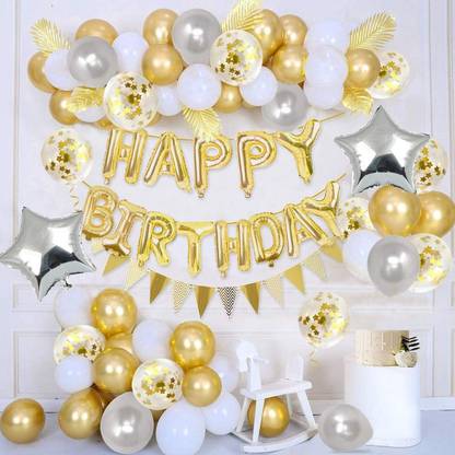 Prihit Gold Birthday Decorations Kit, Happy Birthday Balloons, Birthday Ka Saman