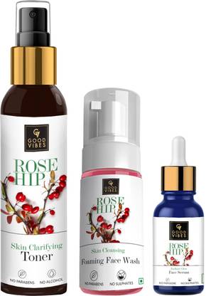 GOOD VIBES Rosehip Daily Care Face Glow Combo (Foaming Face Wash 150 ml, Toner 200 ml, Face Serum 10 ml)